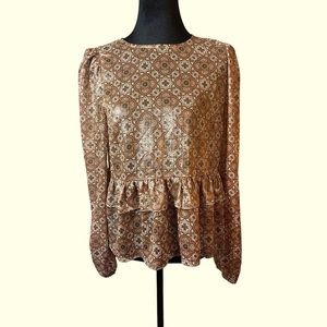 NWOT RyeGrass Gold Metallic Peplum Ruffle Sheer Top Size Medium